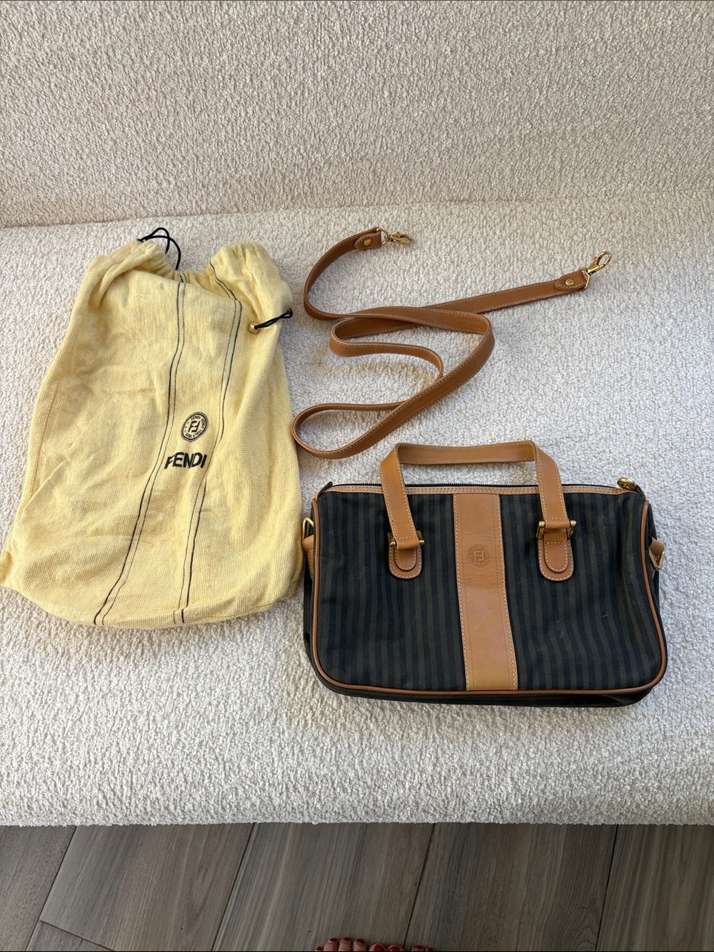 Fendi Black Stripe Crossbody with Tan Leather Trim